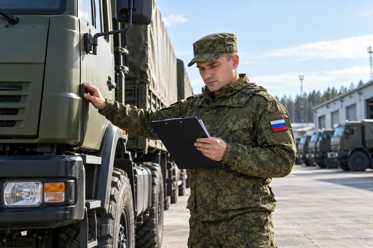 Водитель проверяет готовность грузового автомобиля