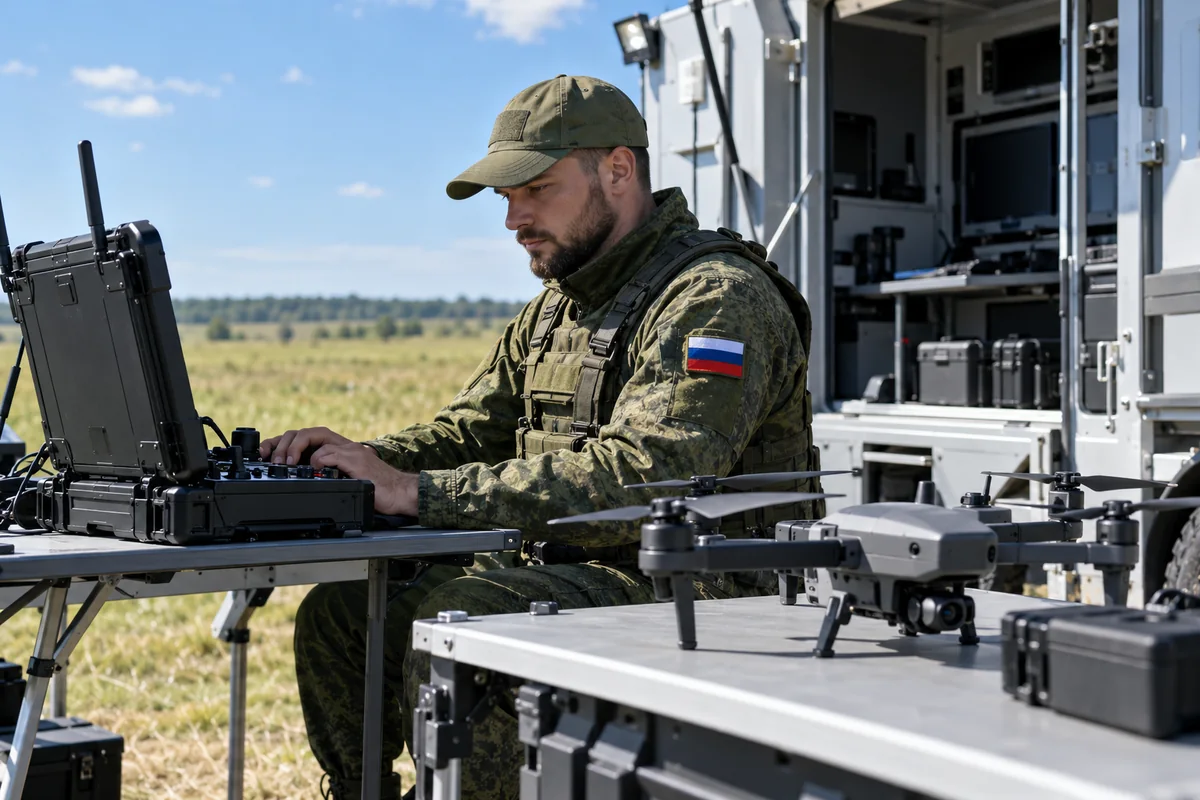 Оператор беспилотных систем работает с пультом управления на учебной площадке